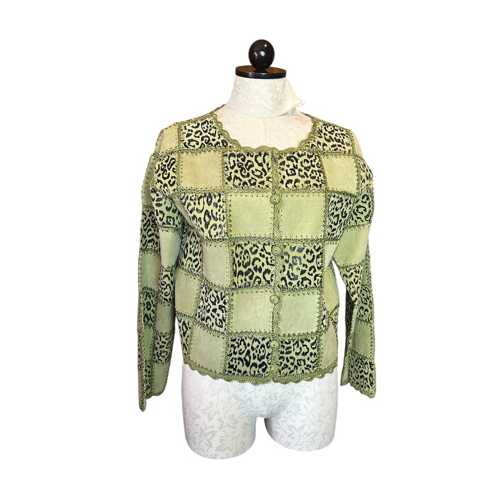SMH Boutique VTG Green Leather Leopard Patchwork Crochet Trim Jacket Sz S